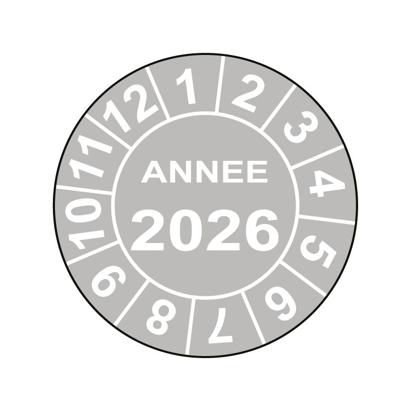 Pastille calendrier fond gris Ø15 à 50mm - ANNEE 2026