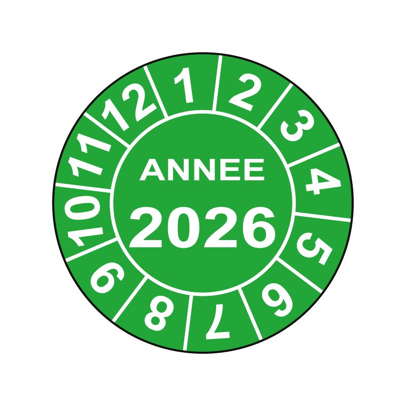 Pastille calendrier fond vert Ø15 à 50mm - ANNEE 2026